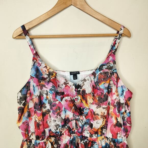 Torrid Clipdot Floral Chiffon Ruffled Tank Top - Picture 2 of 8